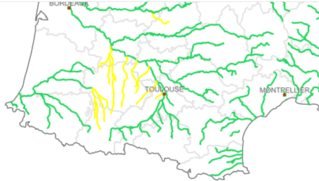 Crues Inondations à Tarbes Echez et Adour en alerte vigilance jaune